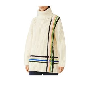 Tory Sport Cream Turtleneck Sweater with Multicolor Stripe Detail